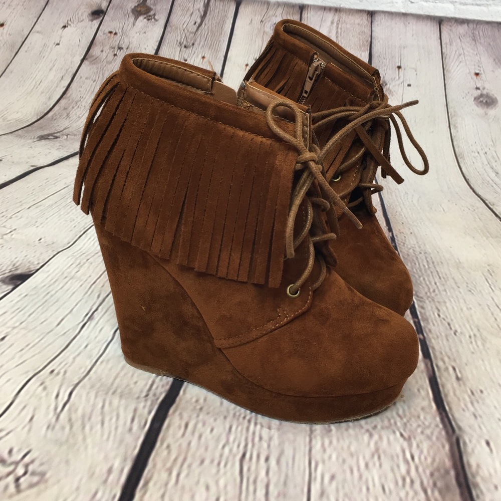 👠Brown Boho Fringe Wedge Ankle Booties👠